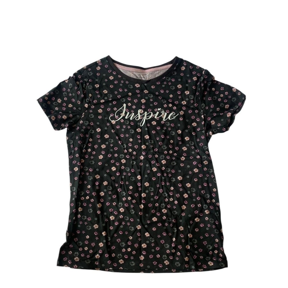 Black and pink floral print t-shirt with "Inspire" lettering, gently worn size s